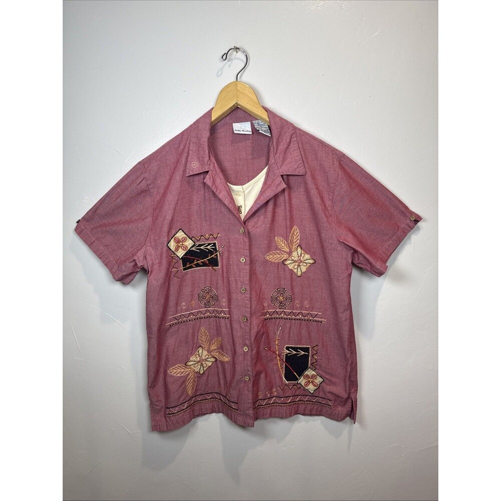 Bobbie Brooks Red Chambray Top Short Sleeves Size XL Southwest Boho Floral